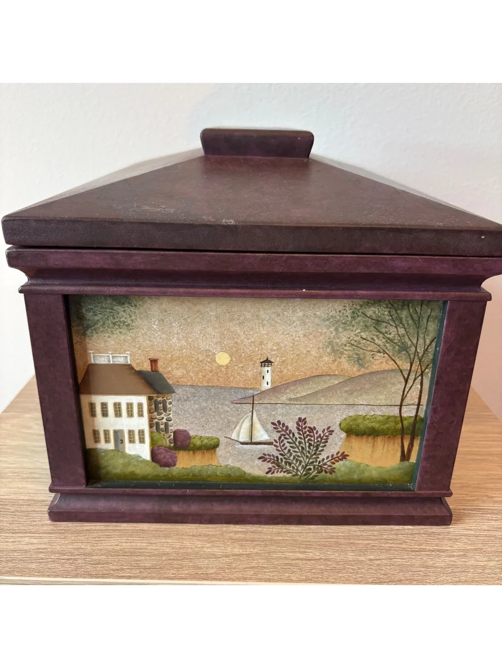 Keepsake Box Hand-Painted Coastal Lighthouse Wooden Folk Art Decor